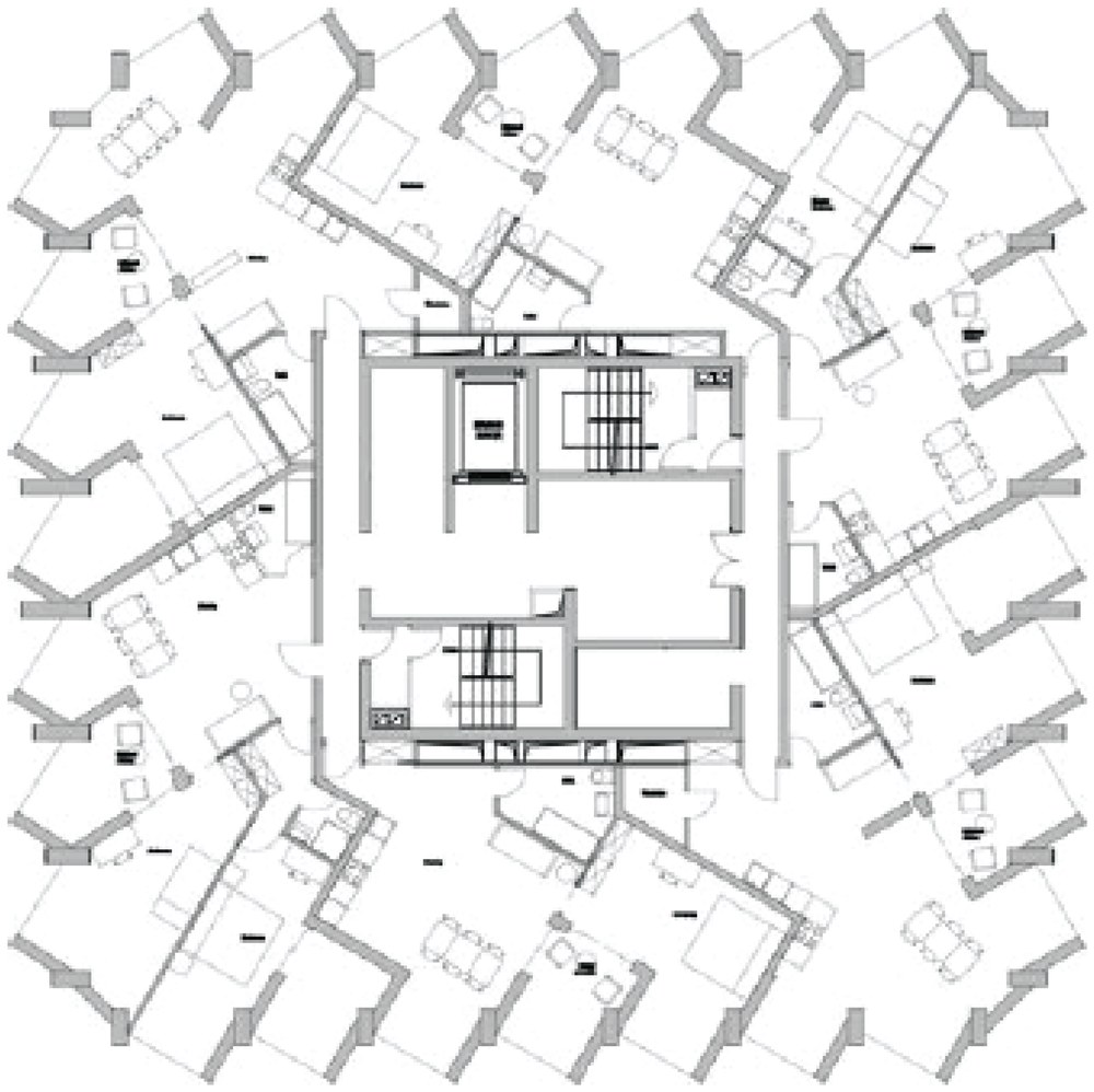 Proposed floor plan following the facade's rotation