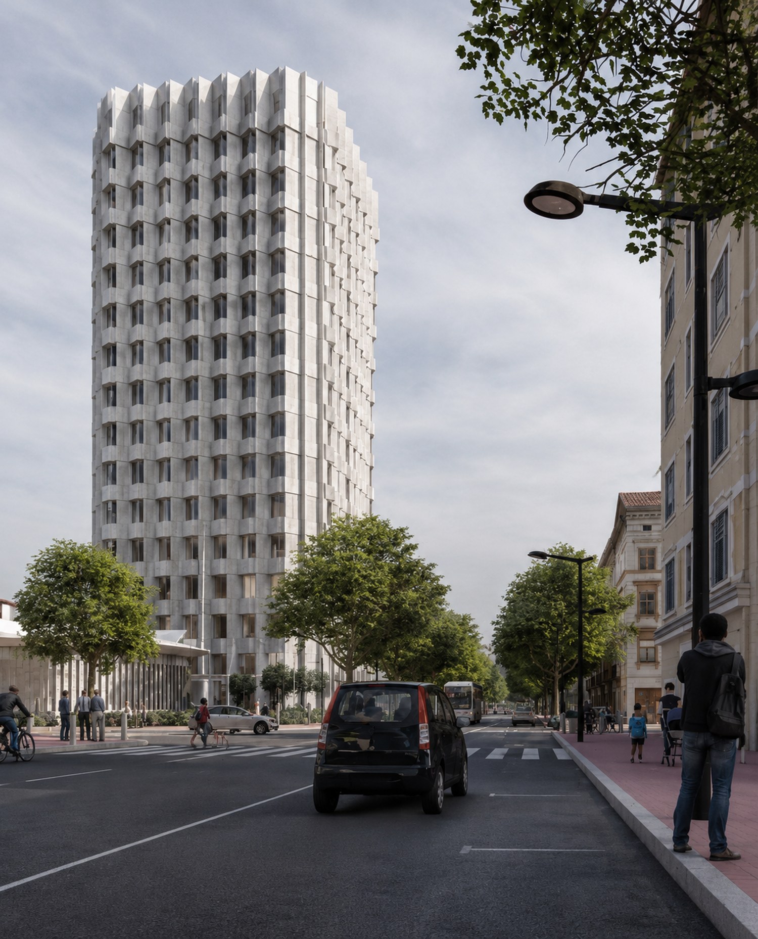 Tour Guillot — street-level render of the renovated tower, Lyon